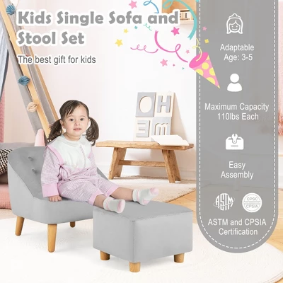 Costway Kids Sofa Chair W/ Ottoman Toddler Single Sofa Velvet Upholstered Couch GreyPink - Image 3