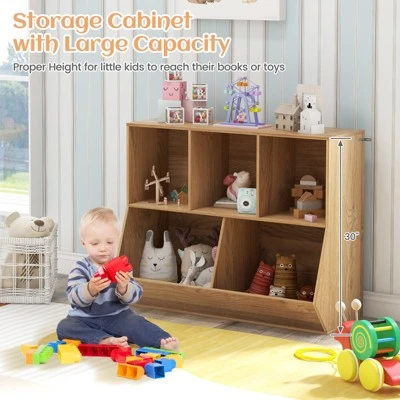 Costway 5-Cubby Kids Toy Storage Organizer Wooden Bookshelf Display Cabinet Natural/White - Image 7