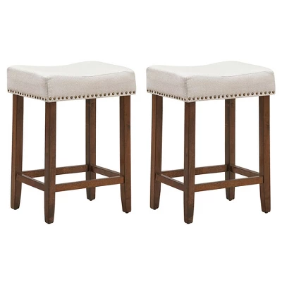 Costway Set Of 2 Nailhead Saddle Bar Stools 24'' Height W/ Fabric Seat & Wood Legs BeigeGray - Image 9