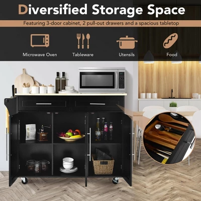 Costway Kitchen Island Trolley Cart Wood Top Rolling Storage Cabinet W/Knife Block Black - Image 5