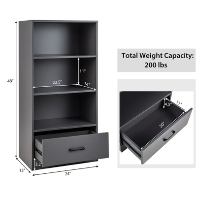 Costway 4-Tier Bookcase 48'' Display Bookshelf Storage Organizer With Shelves & Drawer Grey/White/Natural - Image 3