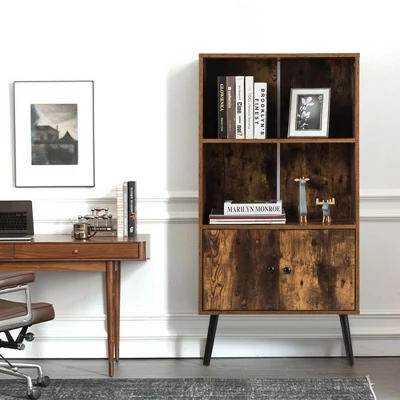 Costway 2-Tier Retro Bookcase Bookshelf W/3 Compartment&2 Doors Industrial Cabinet - Image 2