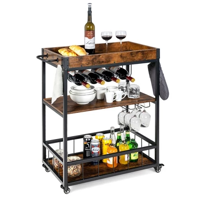 Costway 3-Tier Rolling Kitchen Cart Serving Trolley Wine Rack Removable Tray - Image 9