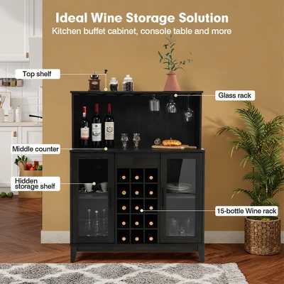 Costway 2-Door Buffet Bar Cabinet Kitchen Storage Sideboard Wine Rack Glass Holder GreyBlack - Image 6