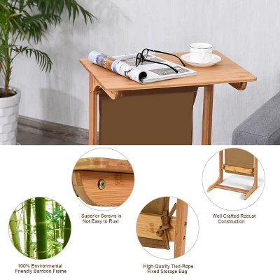 Costway Bamboo Sofa Table Laptop Desk Coffee Snack End Table Bedside Table W/Storage Bag - Image 7
