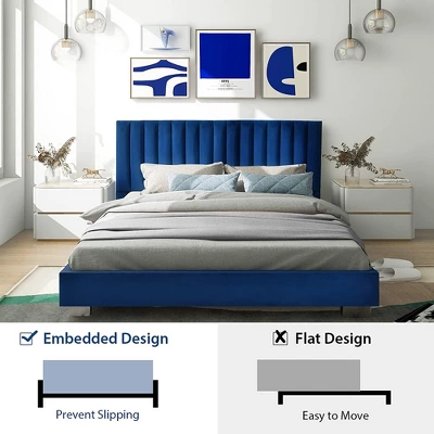 Costway Upholstered Bed Frame Full Size Modern Platform Bed With Vertical Channel Headboard No Box Spring Needed Navy/Grey - Image 7