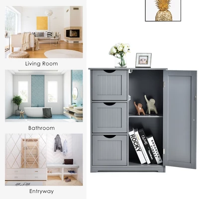 Costway Bathroom Floor Cabinet Side Storage Cabinet With 3 Drawers And 1 Cupboard Grey Black - Image 7