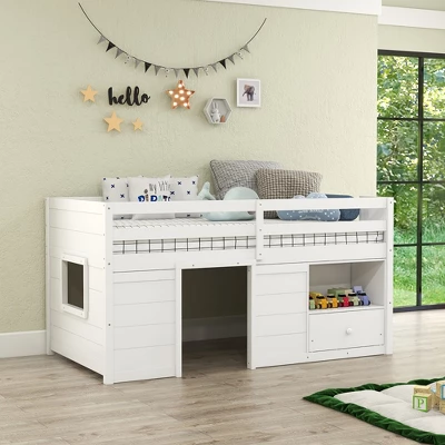 Costway Twin Size Low Loft Bed With Storage Drawer Activity Center Solid Wood Bed Frame - Image 3