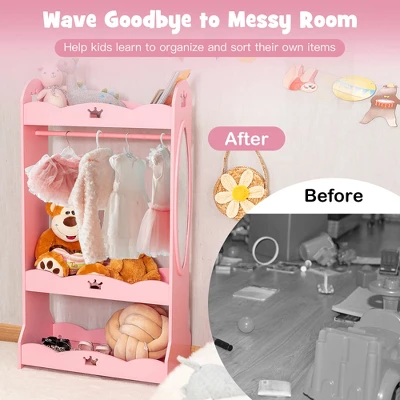 Costway Kids Dress Up Storage Hanging Armoire Dresser Pretend Costume Closet W/ Mirror - Image 6