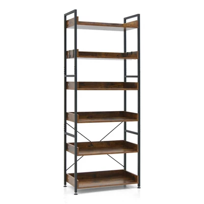 Costway 6-Tier Bookshelf Open Display Shelves Storage Rack Metal Frame With 4 Hooks Rustic - Image 9