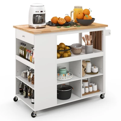 Costway Kitchen Island Trolley Cart On Wheels With Storage Open Shelves & Drawer White/Brown - Image 10
