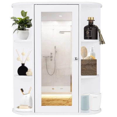 Costway Bathroom Cabinet Single Door Shelves Wall Mount Cabinet W/ Mirror Organizer - Image 3