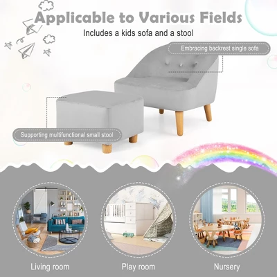 Costway Kids Sofa Chair W/ Ottoman Toddler Single Sofa Velvet Upholstered Couch GreyPink - Image 6