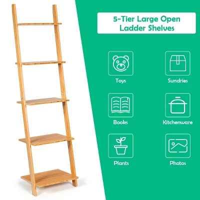 Costway 5-Tier Ladder Shelf Modern Bamboo Leaning Bookshelf Ladder Bookcase Open Display - Image 6