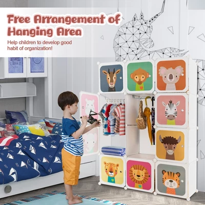 Costway 12-Cube Kids Wardrobe Baby Dresser Bedroom Armoire Clothes Hanging Closet With Door - Image 3