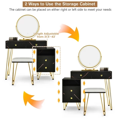 Costway Vanity Table Stool Set Dimmer LED Mirror Large Storage Cabinet Drawer Walnut BlackBrownWhite - Image 6