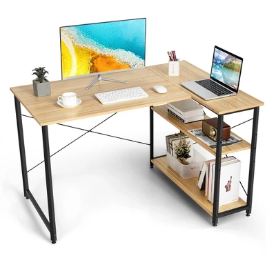 Costway 48'' Reversible L Shaped Computer Desk Home Office Table Adjustable Shelf BrownGrayNatural - Image 11