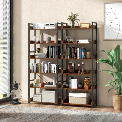 Costway 6-Tier Bookshelf Open Display Shelves Storage Rack Metal Frame With 4 Hooks Rustic - Image 3