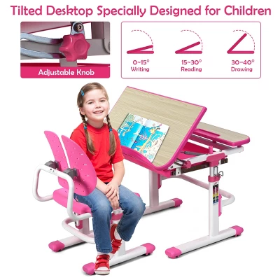 Costway Children Desk Chair Set Adjustable Study Table Drawer Winged Backrest Chair - Image 6