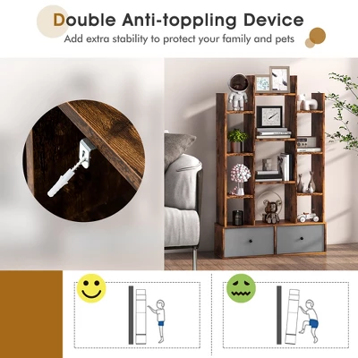 Costway Industrial Bookshelf Rustic Wooden Shelf Organizer With 2 Non-woven Fabric Drawer - Image 7