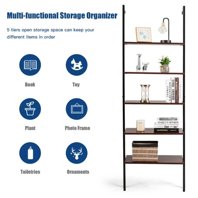 Costway 5-Tier Ladder Shelf Wood Wall Mounted Display Bookshelf Metal Frame Brown & Black/Brown & White/Bronze - Image 7
