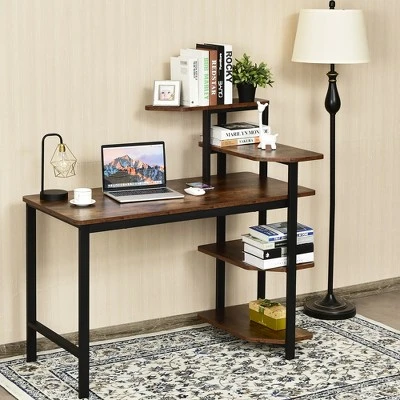 Costway Computer Desk Writing Study Table With Storage Shelves Home Office Rustic Brown - Image 3