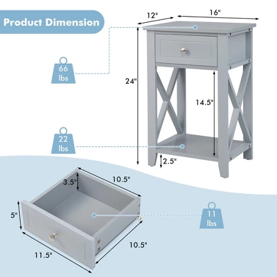 Costway Bedside Sofa End Table Nightstand With Drawer For Living Room Bedroom Grey/Black/White - Image 3