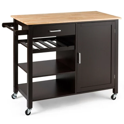 Costway 4-Tier Wood Kitchen Island Trolley Cart Storage Cabinet Brown - Image 9