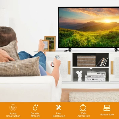 Costway TV Stand Entertainment Media Console W/ 2 Rattan Cabinets & Open Shelves - Image 4