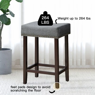 Costway Set Of 2 Nailhead Saddle Bar Stools 24'' Height W/ Fabric Seat & Wood Legs BeigeGray - Image 4