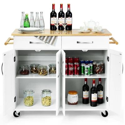 Costway Kitchen Trolley Island Utility Cart Wood Top Rolling Storage Cabinet Drawers White - Image 9