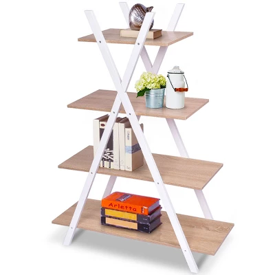 Costway 4-Tier Bookshelf Storage Display Shelves Bookcase Ladder X-Shape Brown/Black - Image 3