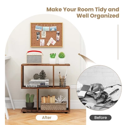 Costway 2-Tier Bookshelf Free Standing Wooden Display S-Shaped Shelf Storage Rack Black/Brown - Image 4