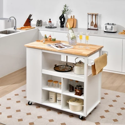 Costway Kitchen Island Trolley Cart On Wheels With Storage Open Shelves & Drawer White/Brown