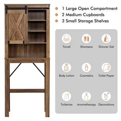 Costway Toilet Storage Rack With Sliding Barn Door & Adjustable Shelves, Rustic Brown - Image 5