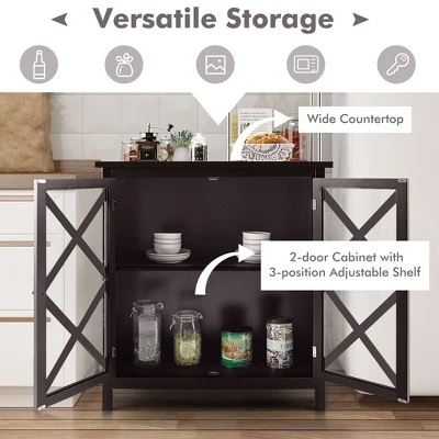 Costway Kitchen Buffet Sideboard Storage Cabinet W/Glass Doors & Adjustable Shelf WhiteBrown - Image 5