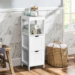 Costway Bathroom Floor Cabinet Side Wooden Storage Organizer W/ Removable Drawers White