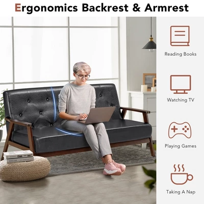 Costway 3-Seater Sofa PU Leather Sofa Couch W/ Rubber Wood Legs & Button Tufted Back - Image 6