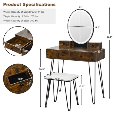 Costway Industrial Vanity Makeup Dressing Table Padded Stool Set 3-Color Lighted Mirror - Image 3