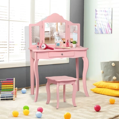 Costway Kids Vanity Table & Stool Princess Dressing Make Up Play Set For Girls Pink - Image 6