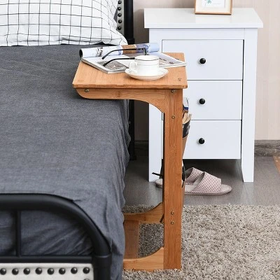 Costway Bamboo Sofa Table Laptop Desk Coffee Snack End Table Bedside Table W/Storage Bag - Image 5