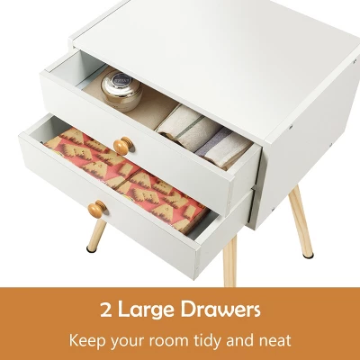 Costway 2PCS Mid Century Modern 2 Drawers Nightstand In White Sofa Side Table End Table - Image 6