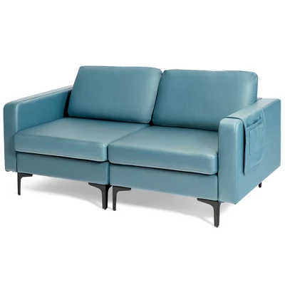 Costway Modern Loveseat Leathaire Fabric 2-Seat Sofa Couch W/ Side Storage Pocket - Image 9