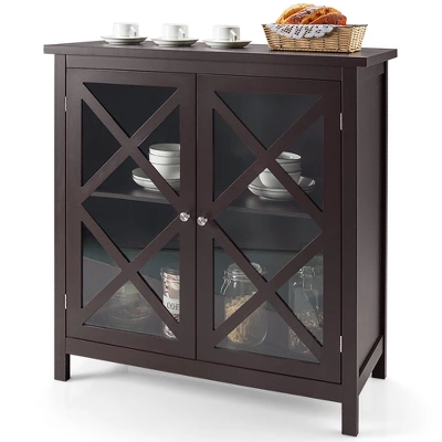 Costway Kitchen Buffet Sideboard Storage Cabinet W/Glass Doors & Adjustable Shelf WhiteBrown - Image 9
