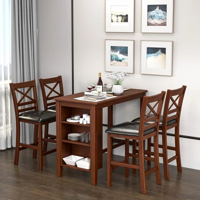 Costway 5PCS Pub Dining Table Set W/ Storage Shelves&4 Upholstered Chairs Walnut
