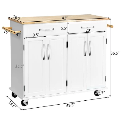 Costway Kitchen Trolley Island Utility Cart Wood Top Rolling Storage Cabinet Drawers White - Image 2