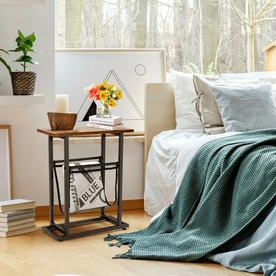 Costway Industrial End Side Table Mesh Magazine Holder Nightstand Rustic Brown - Image 3