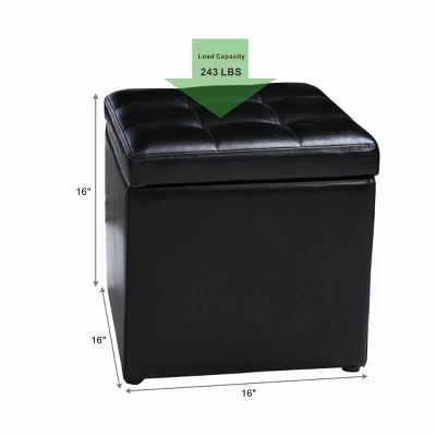 Costway 16''Cube Ottoman Pouffe Storage Box Lounge Seat Footstools With Hinge Top Black
