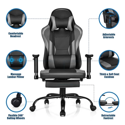 Costway Gaming Chair Racing High Back Office Chair W/ Footrest Black - Image 7