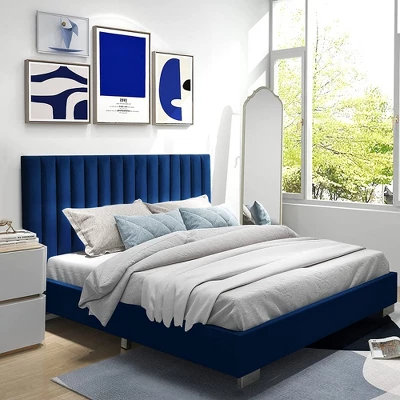 Costway Upholstered Bed Frame Full Size Modern Platform Bed With Vertical Channel Headboard No Box Spring Needed Navy/Grey - Image 2